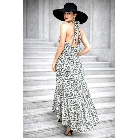 Pretty Garden M Navy White Floral Halter Backless Tiered Ruffle Maxi Boho Dress - Picture 5 of 11